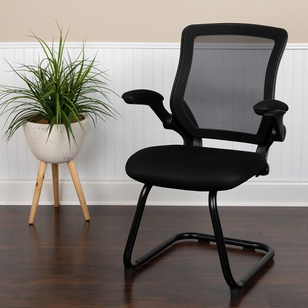 Kale Black Mesh Sled Base Side Reception Chair with Flip-Up Arms