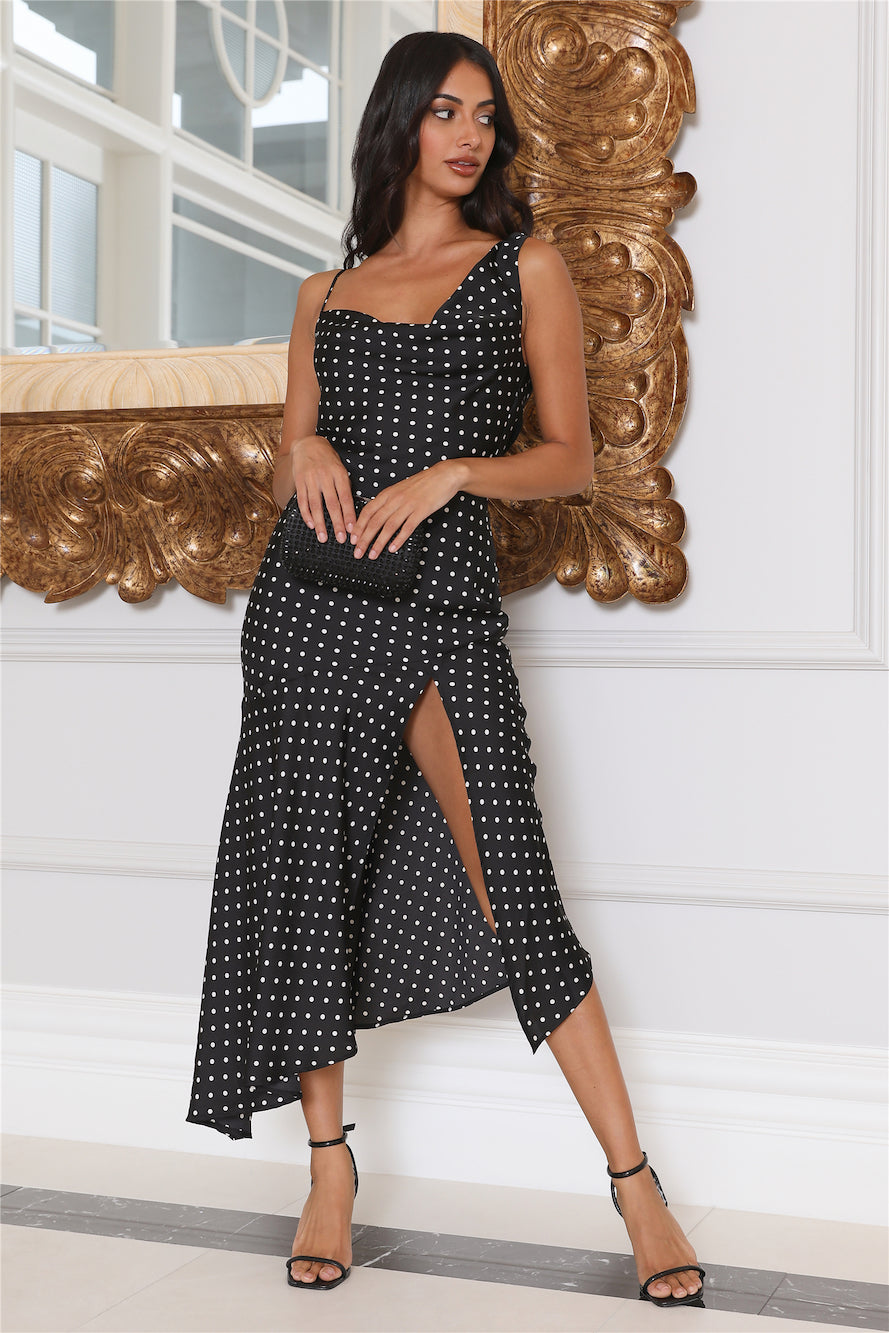 HELLO MOLLY Dotted Moment Satin Polka Dot Midi Dress Black