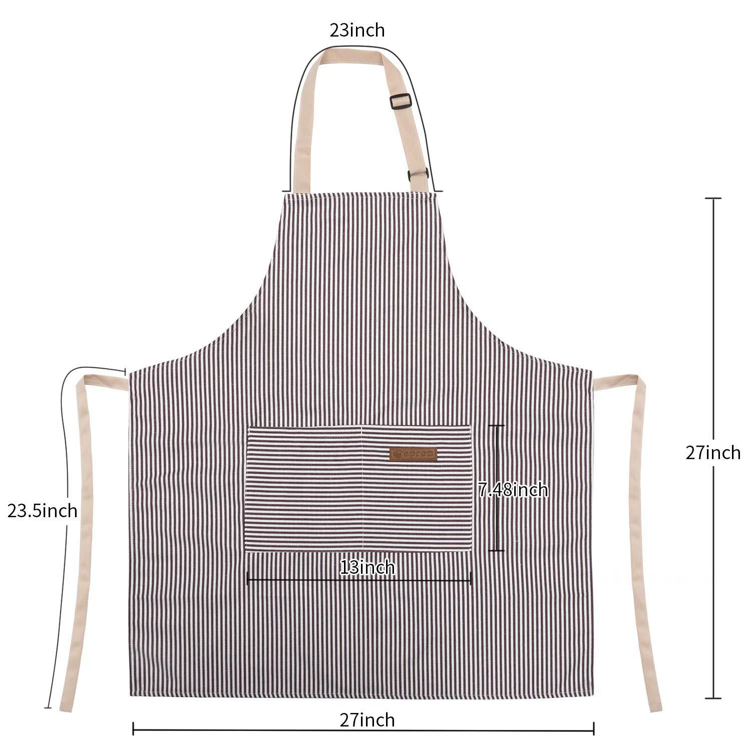 bangyoudaoo 2-piece Adjustable Bib Apron with 3 Pockets Cooking Kitchen Apron Barbecue Painting Female Male chef Pinstripe Black+Gray E