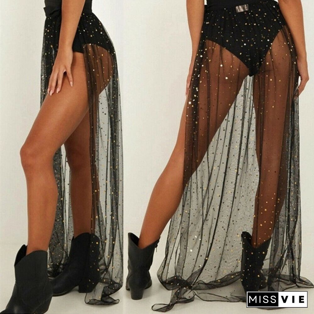 Women Sequin Mesh Skirt Split Paillette Bandage Long Skirts Black Oversized Summer Fashion