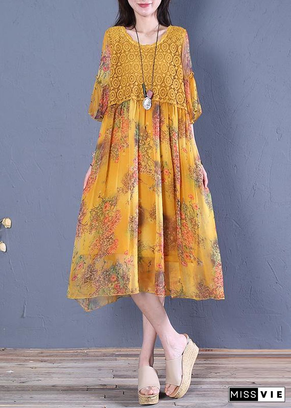 Italian o neck Butterfly Sleeve Cotton Fabrics yellow print Dress