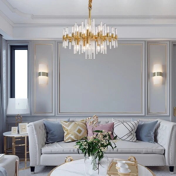 24 in. Gold Modern Crystal Chandelier 10-Light Drum Crystal Glass Chandelier Kitchen Island Pendant Lighting for Dining Room