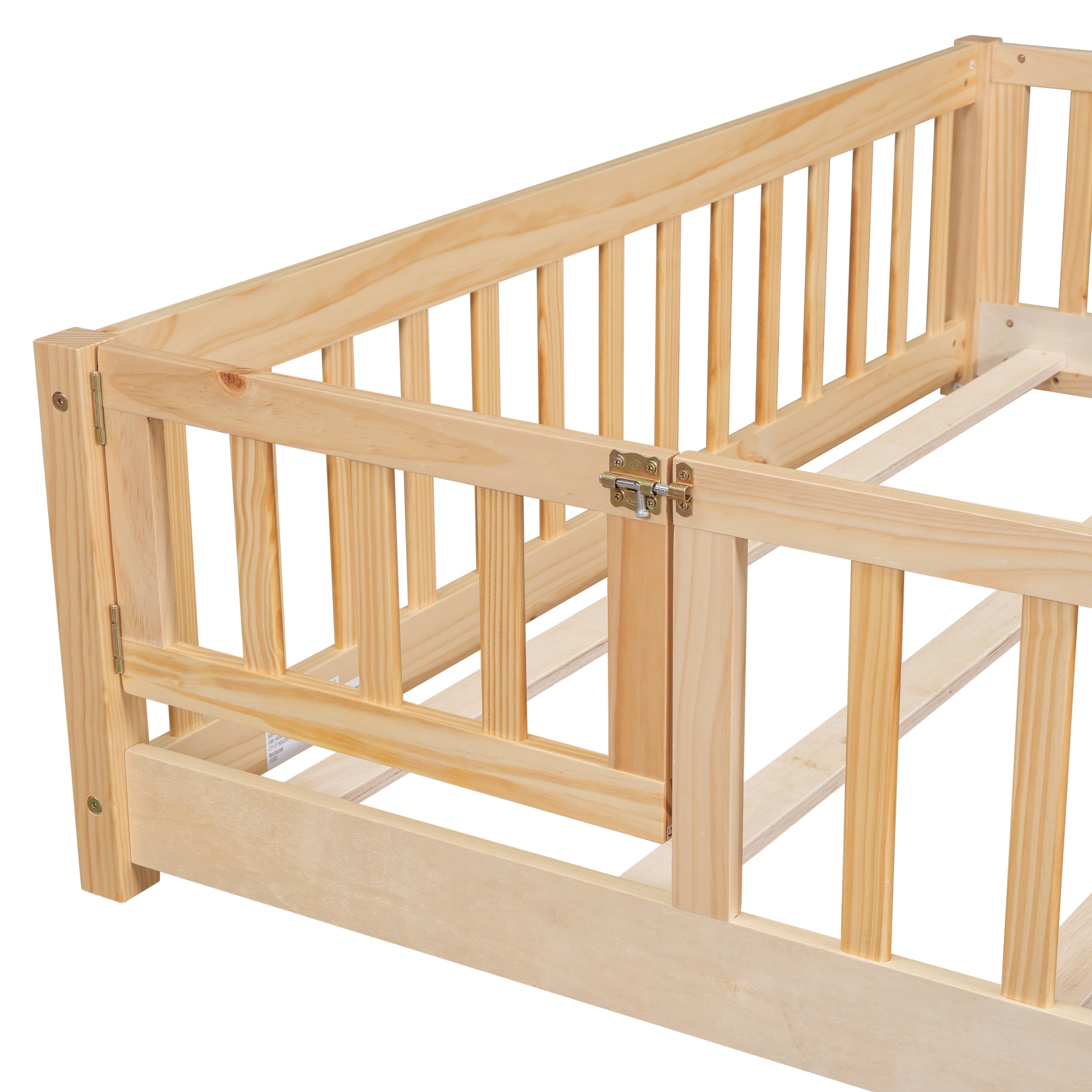 uhomepro Queen Size Wood Floor Bed Frame with Fence and Door for Kids, Toddlers, Natural