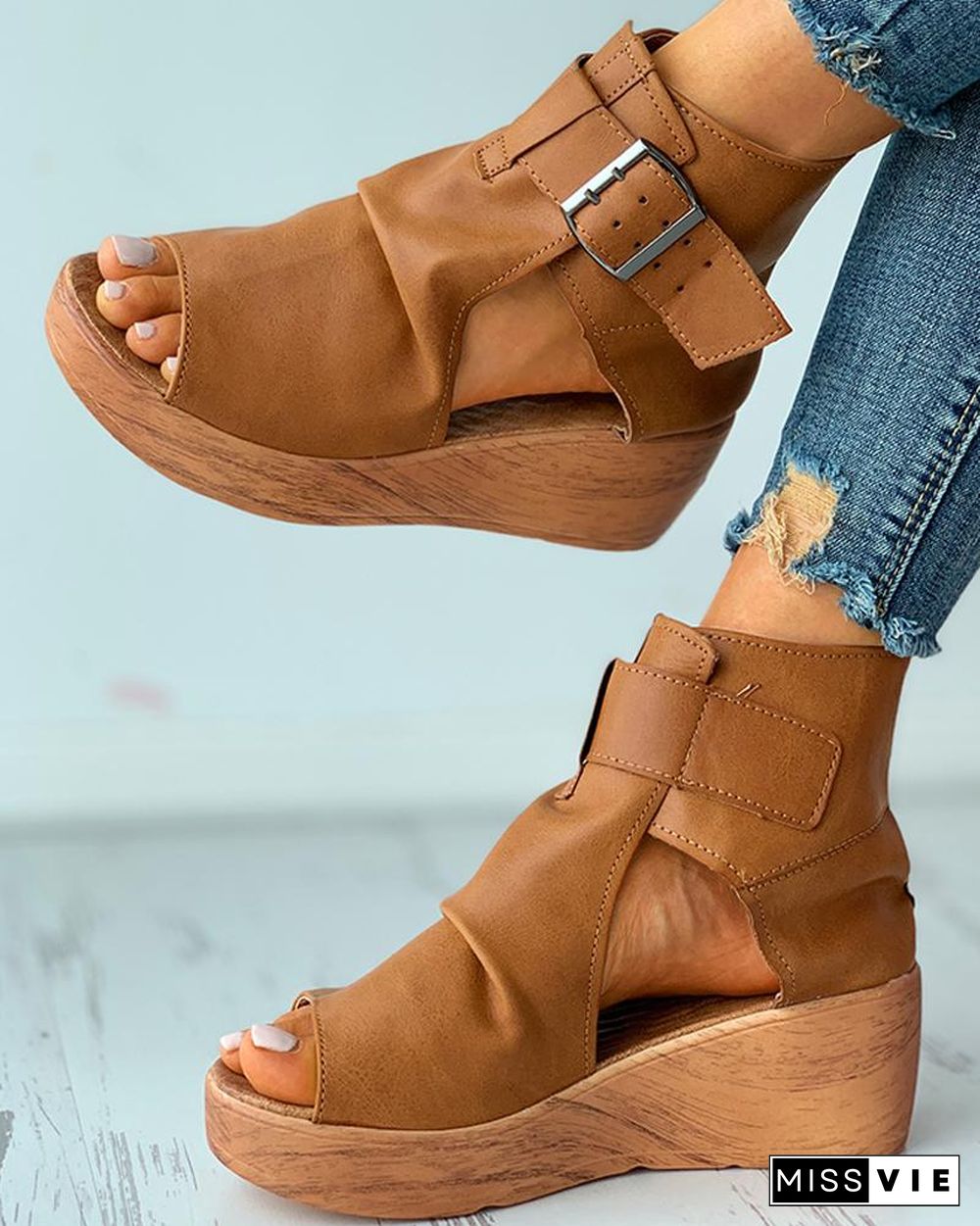 Eyelet Buckled Cutout Wedge Sandals