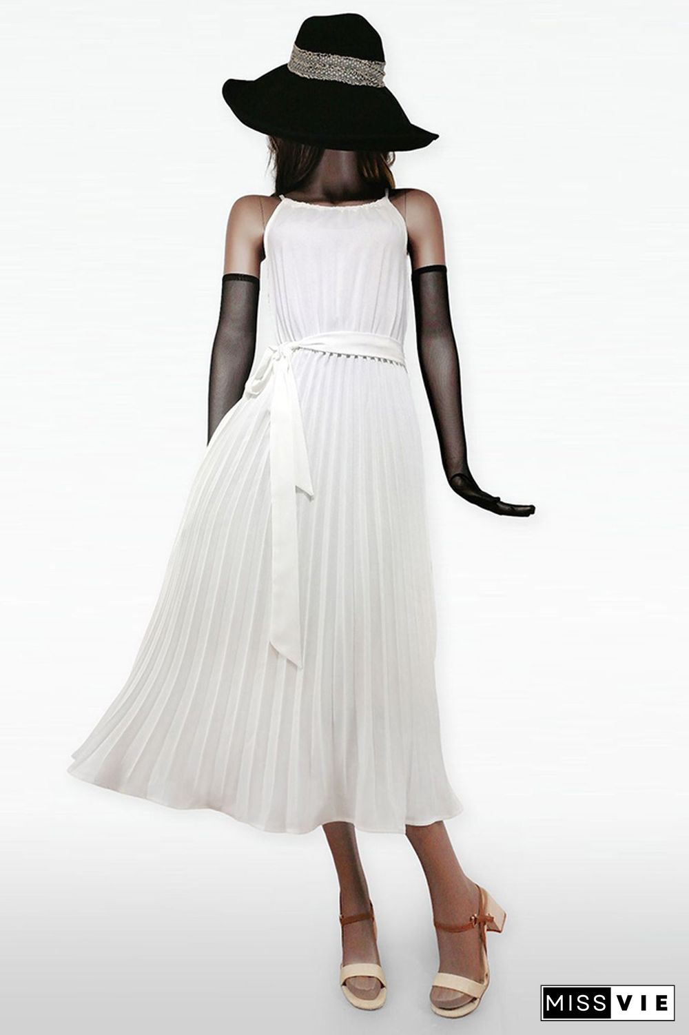 Plain Halter Pleated Maxi Dress With Sash