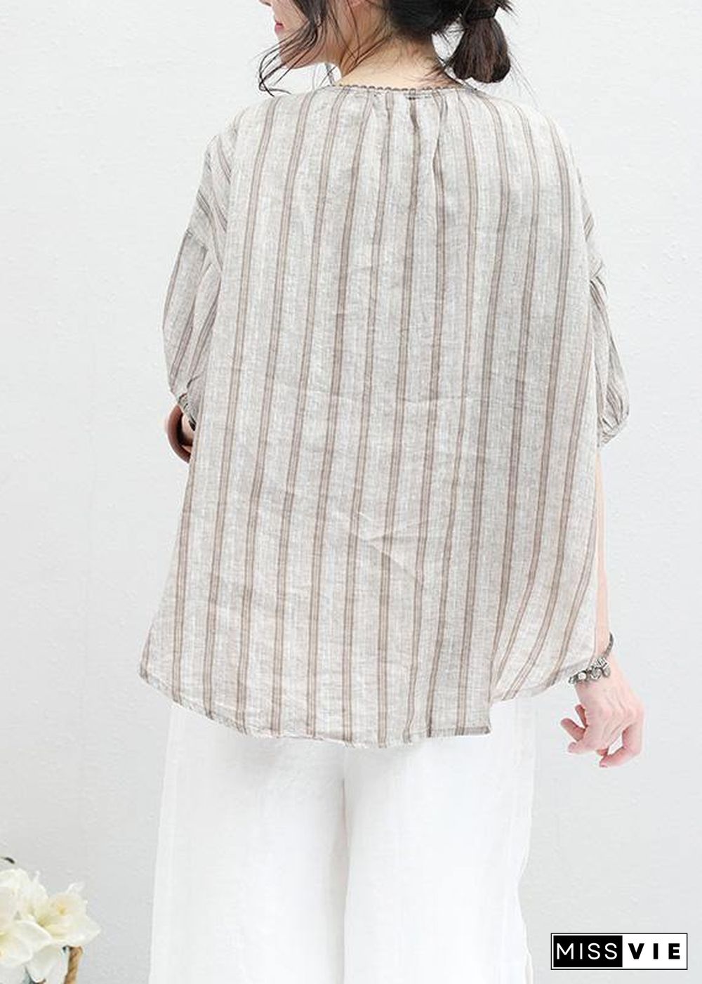 French half sleeve linen Blouse Sewing summer shirt khaki striped