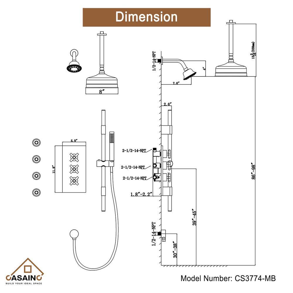 CASAINC 1-Spray Patterns 8 in. Ceiling Mounted Dual Shower Heads in Matte Black with Sliding Bar and 4 Body Sprays CS3774-MB