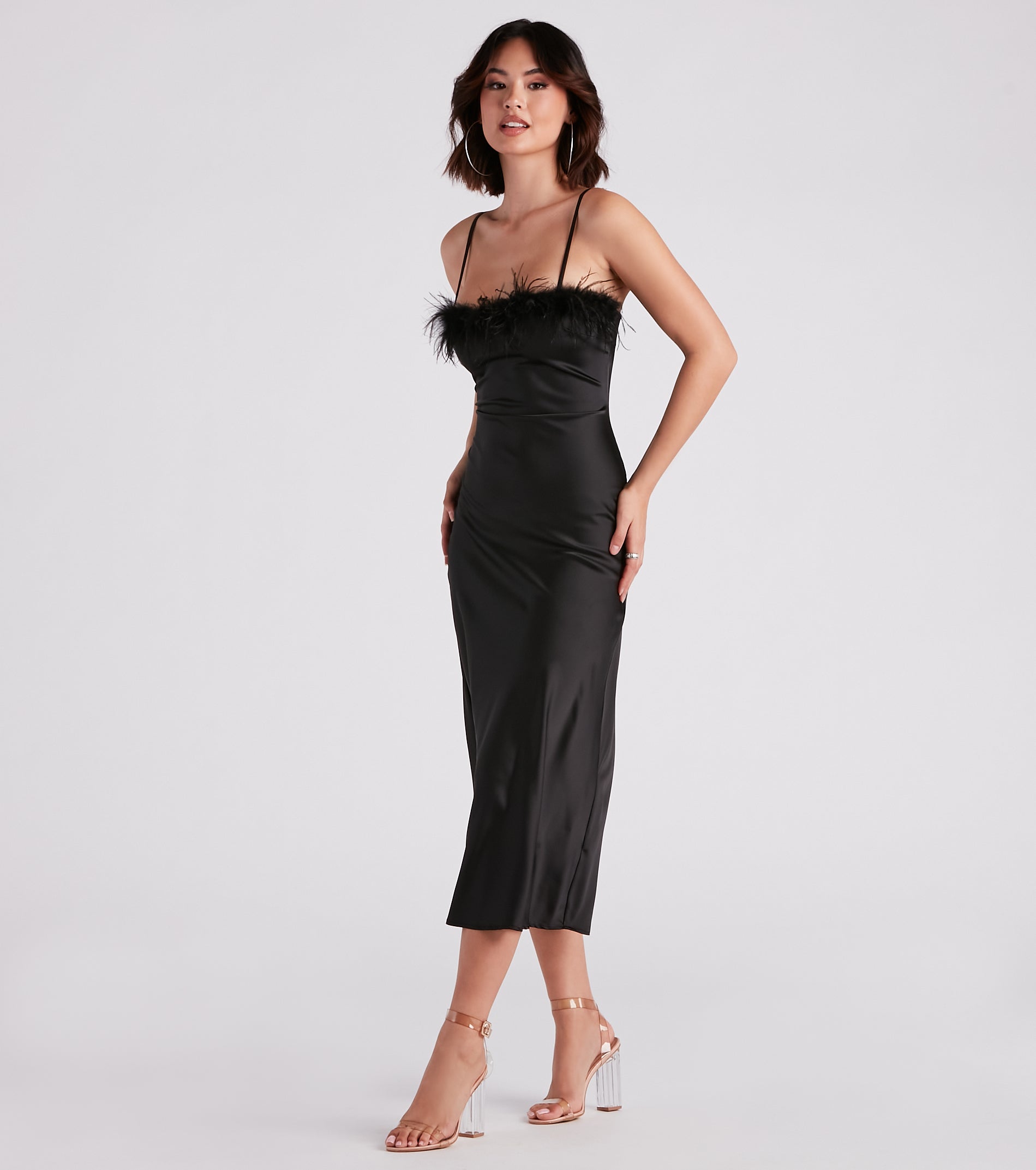 Lizzy Feather Trim Satin Slip Dress