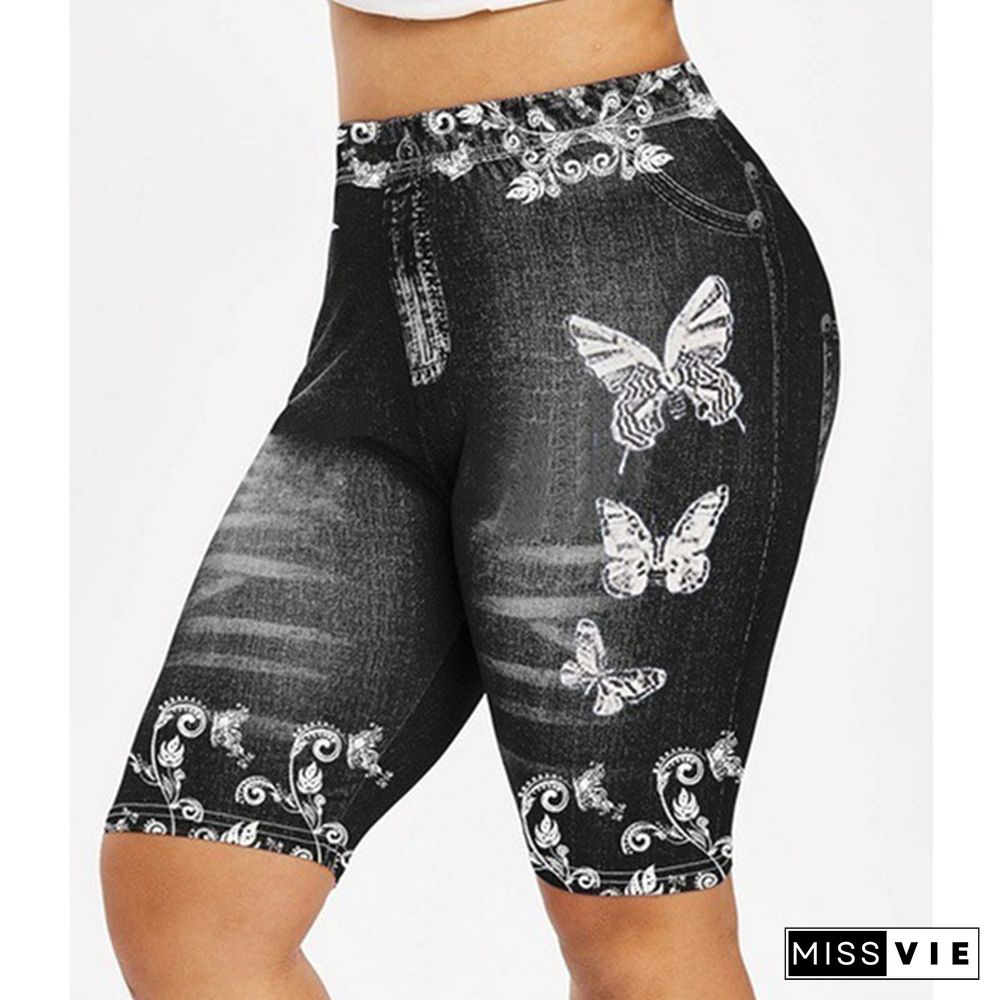 Women's Fashion 3D Butterfly Floral Print Denim Shorts Leggings Plus Size Jeggings Shorts Leggings