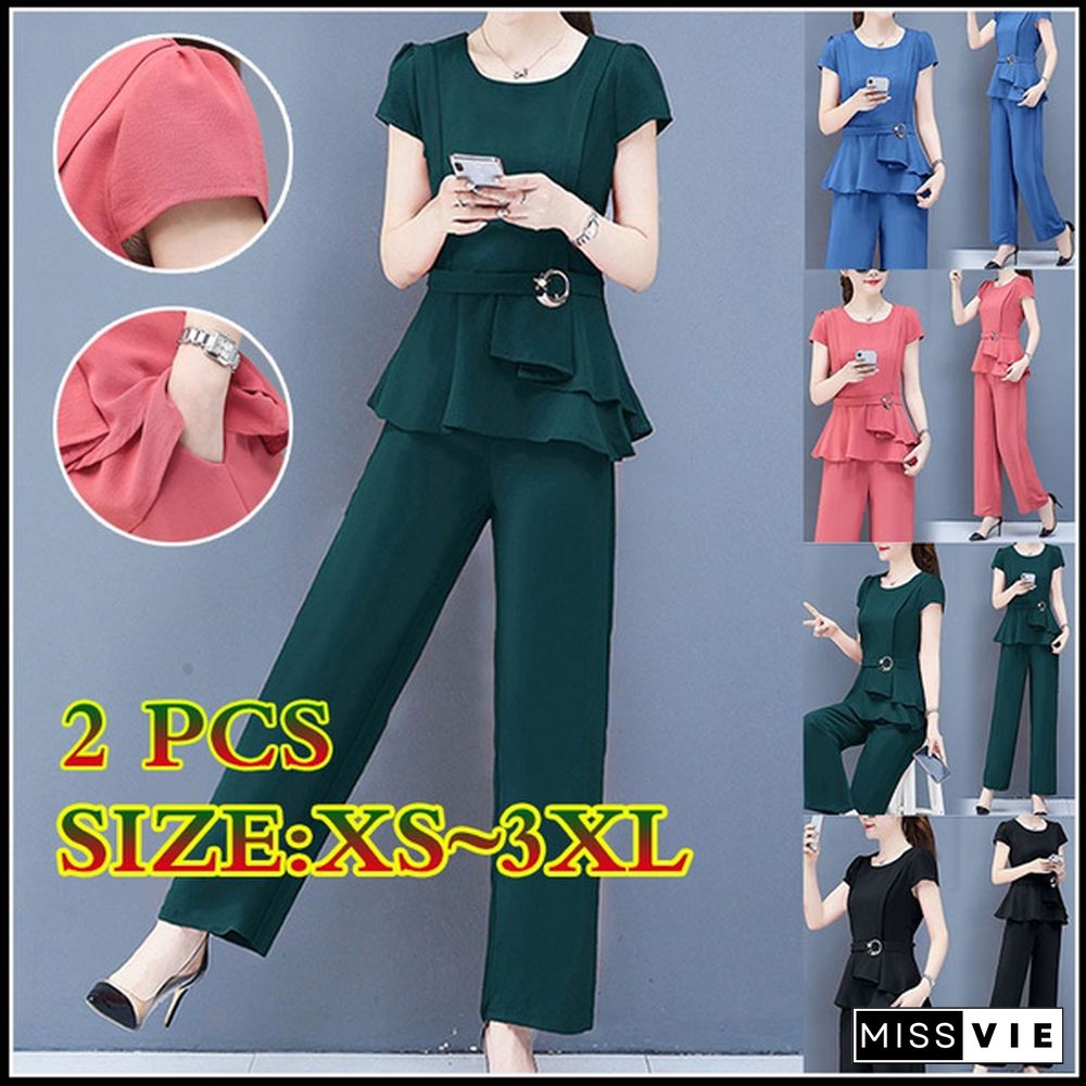 Summer 2 Two Piece Sets Outfits Women Plus Size Short Sleeve Tunics Tops And Pants Suits Office Elegant Korean Sets