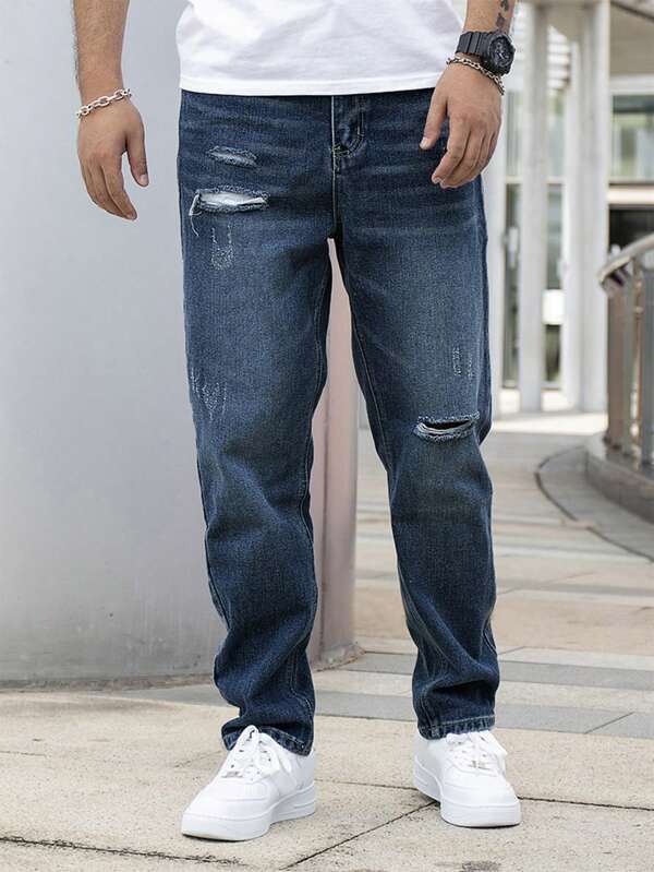 Men Ripped Straight Leg Jeans