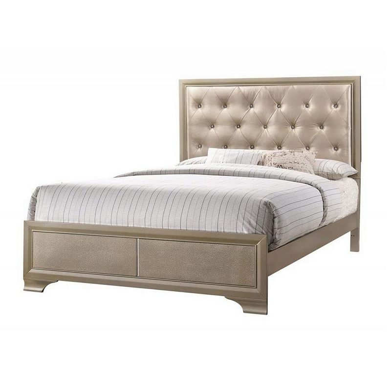 Transitional Wooden Queen Size Bed with Button Tufted Headboard， champagne