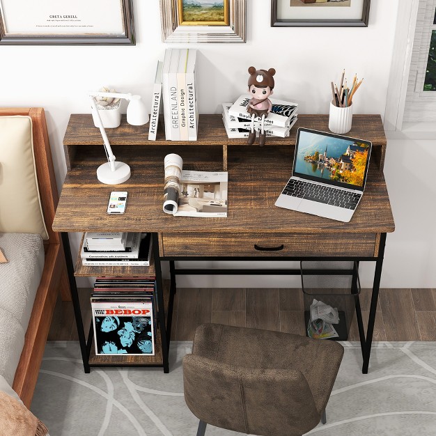 Costway 48 computer Desk With Monitor Stand Home Office Writing Desk With Storage Drawer And 2 Open Shelves Rustic Brown