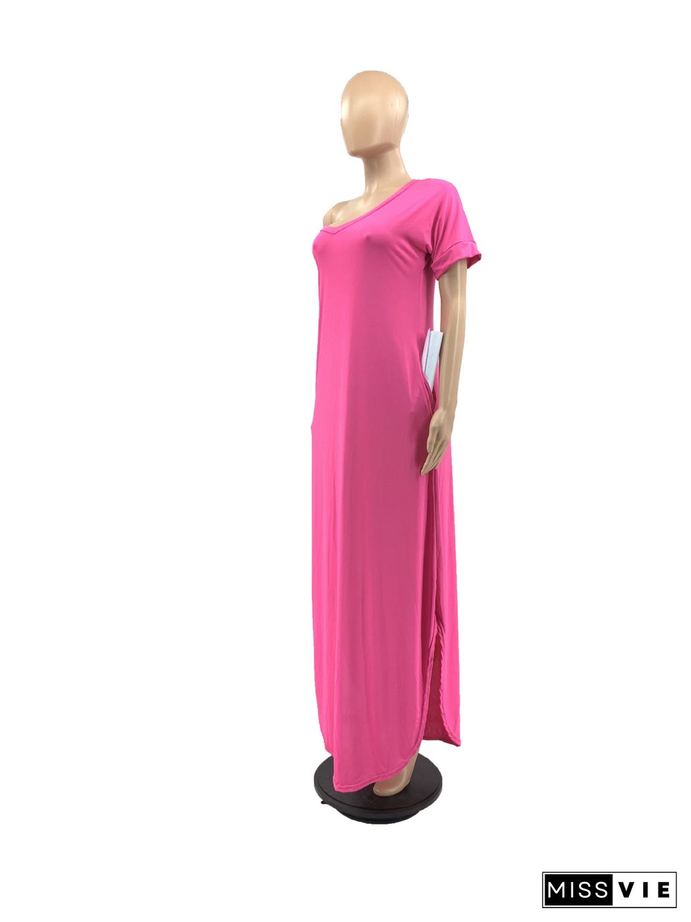 Summer Casual Women V-neck Solid Color Short Sleeve Loose Fitting Floor Length Dress