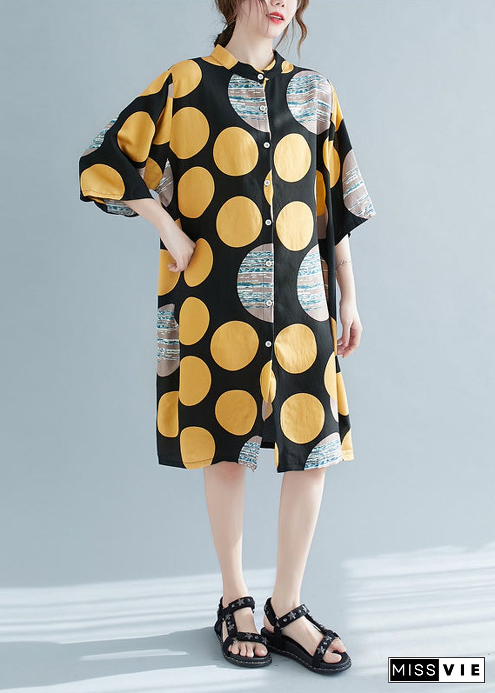 Retro Print Dot Stand Collar Linen Party Dress Half Sleeve