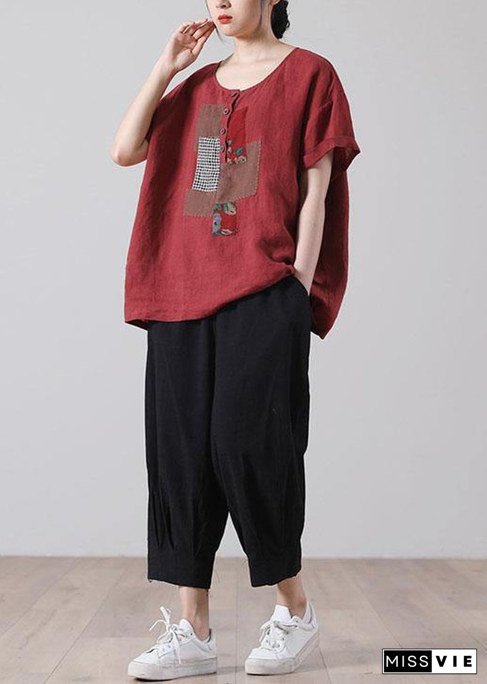 Organic Red Button Short Sleeve Cotton Linen Shirt Tops