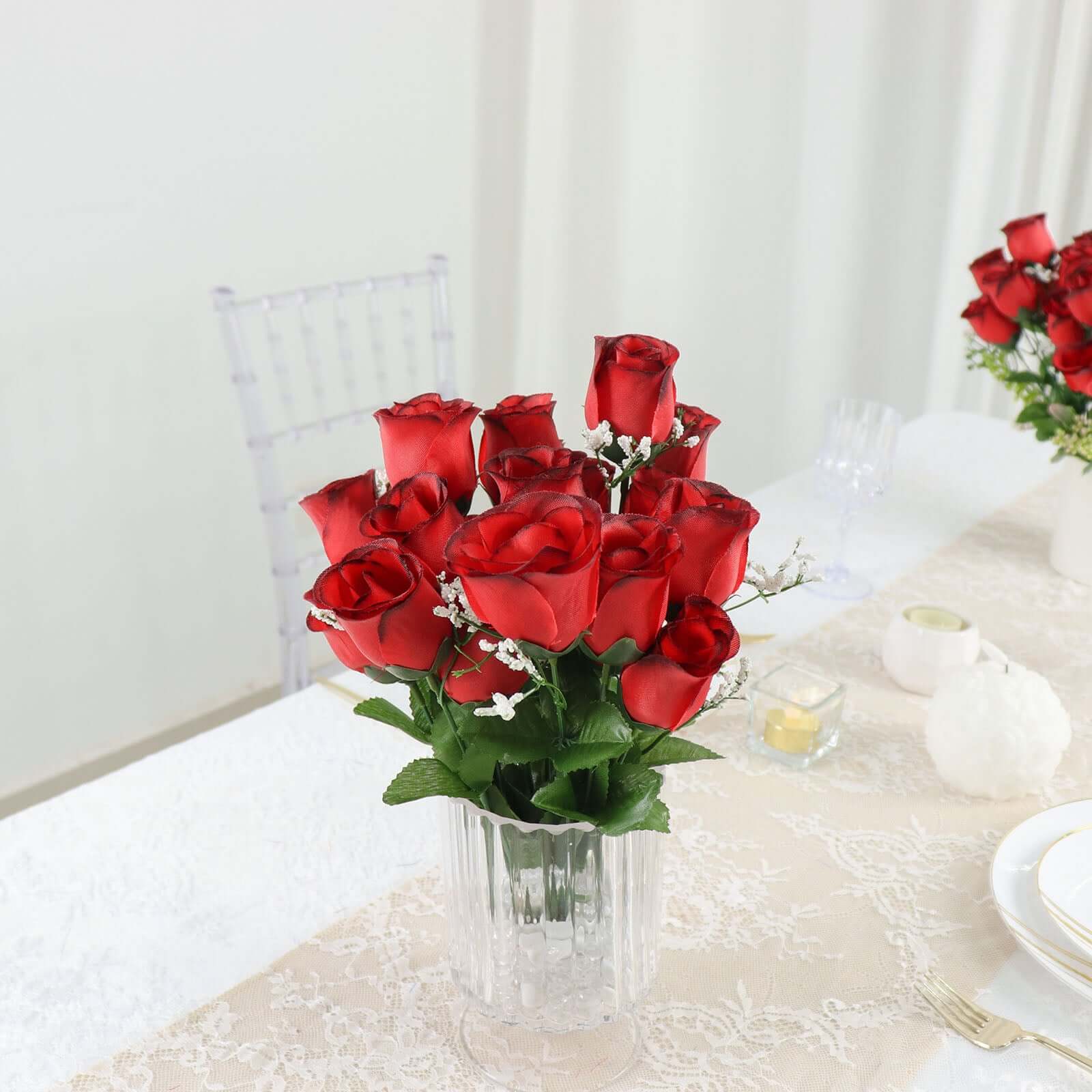 12 Bushes Red, Black Artificial Premium Silk Flower Rose Bud Bouquets