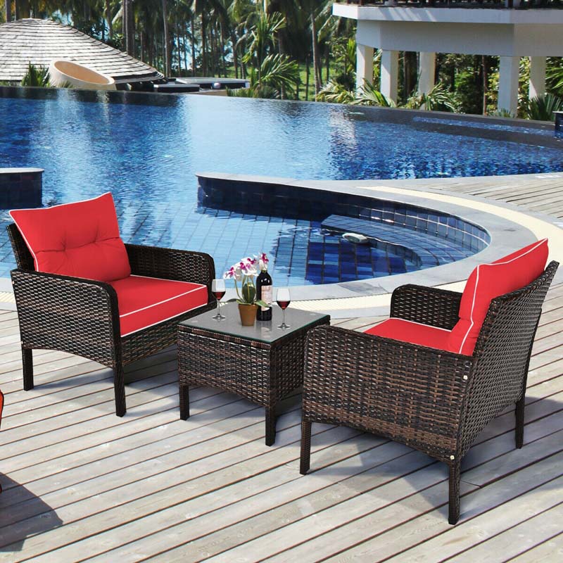 3 Pcs Rattan Wicker Outdoor Bistro Set with Coffee Table & Chairs, All-Weather Patio Conversation Sets