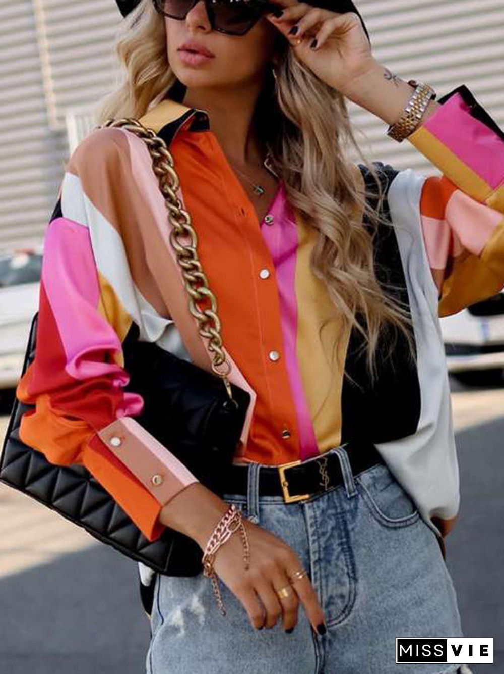 Stylish Selection Long Sleeves Loose Contrast Color Lapel Collar Blouses&Shirts Tops