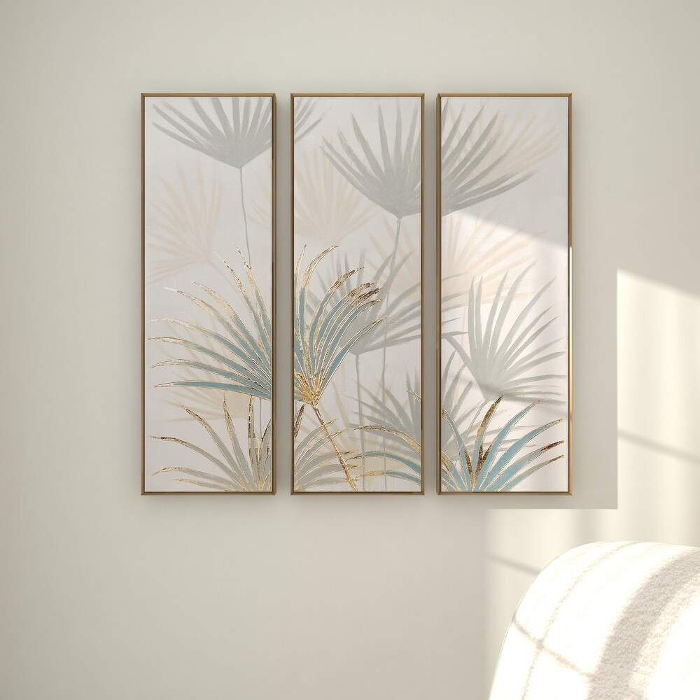 Brown Canvas Palm Leaf Framed Wall Art with Gold Frame (Set of 3)