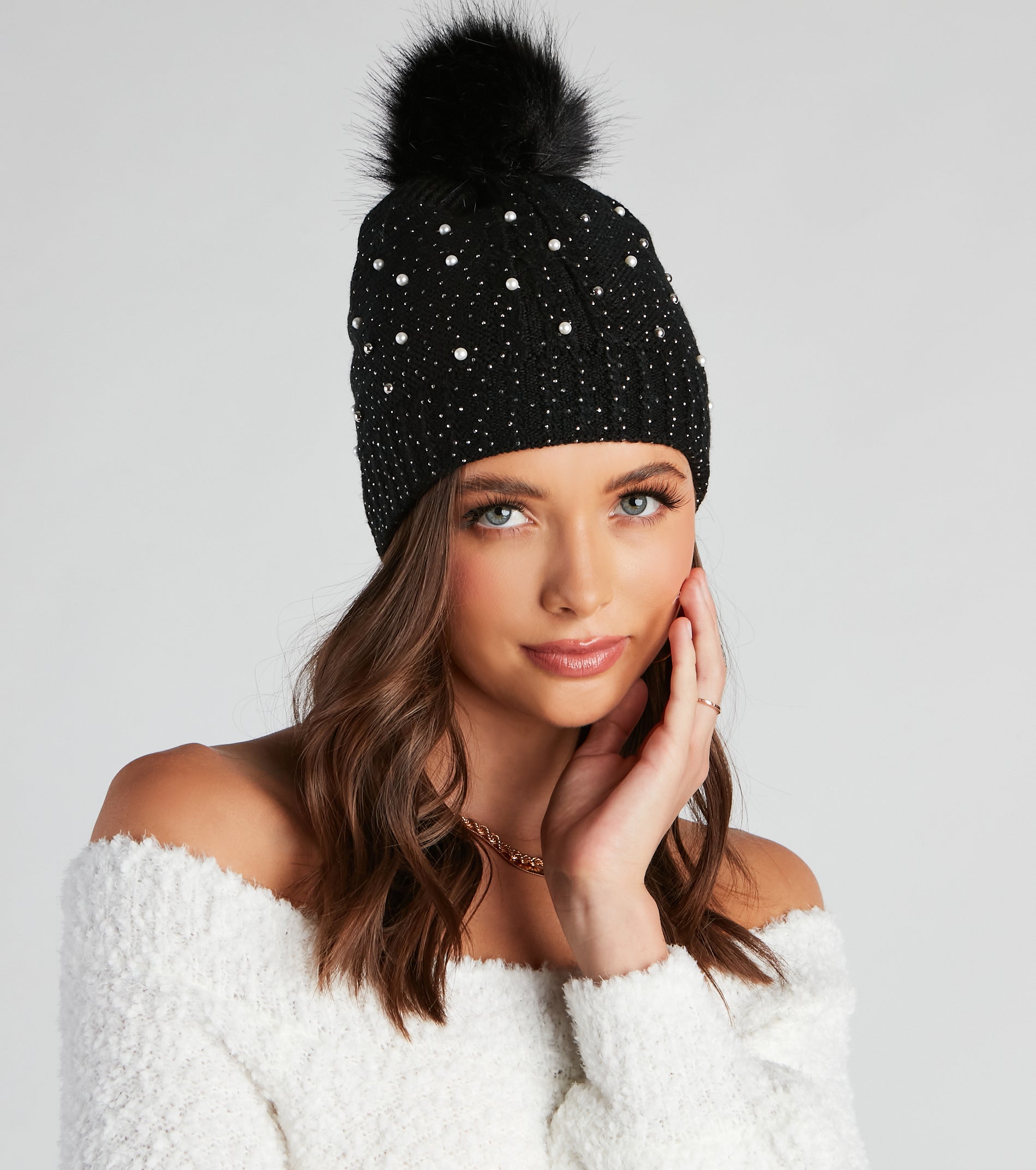 PLACEHOLDER - Glam Snow Bunny Pom Knit Beanie