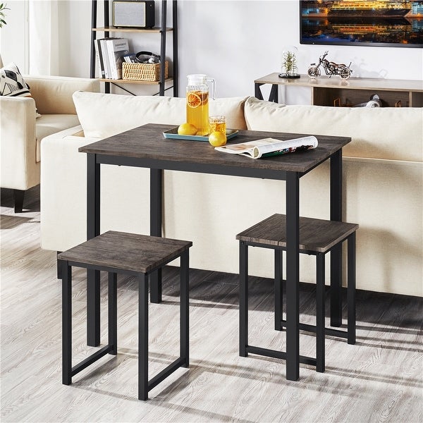 3-Piece Dining Set with Industrial Square Table and 2 Backless Chairs