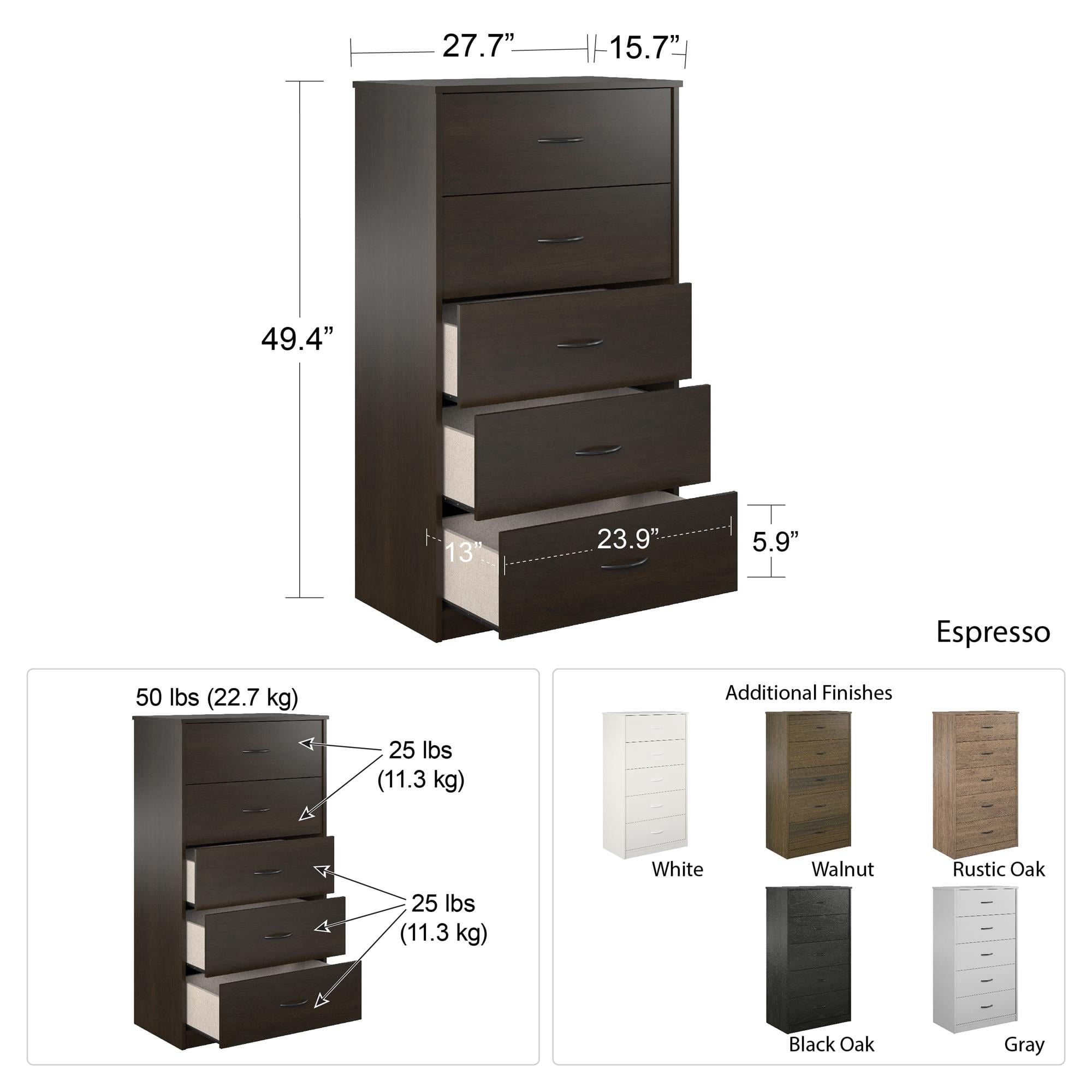 Mainstays Classic 5 Drawer Dresser, Espresso Finish