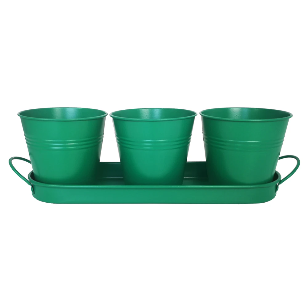 Hot selling set of 3 herb pots on a tray in galvanized metal flower pots for home decoration