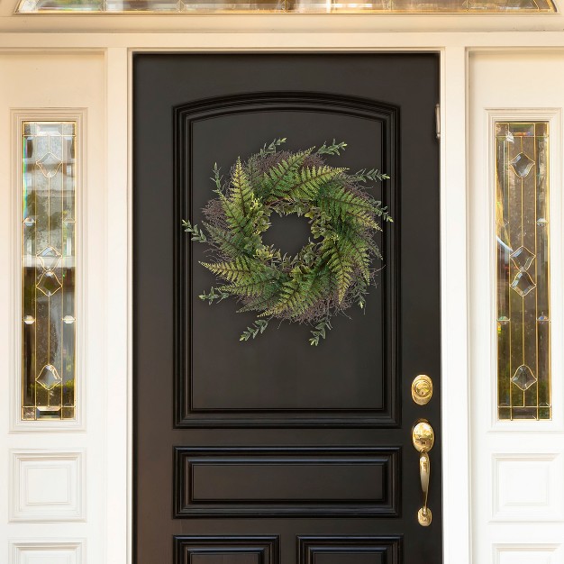 Artificial Fern Door Wreath On Grapevine Base 21 inch Uv resistant Greenery With Blossoms Slim Size For Front Porch Decor By Nature Spring green