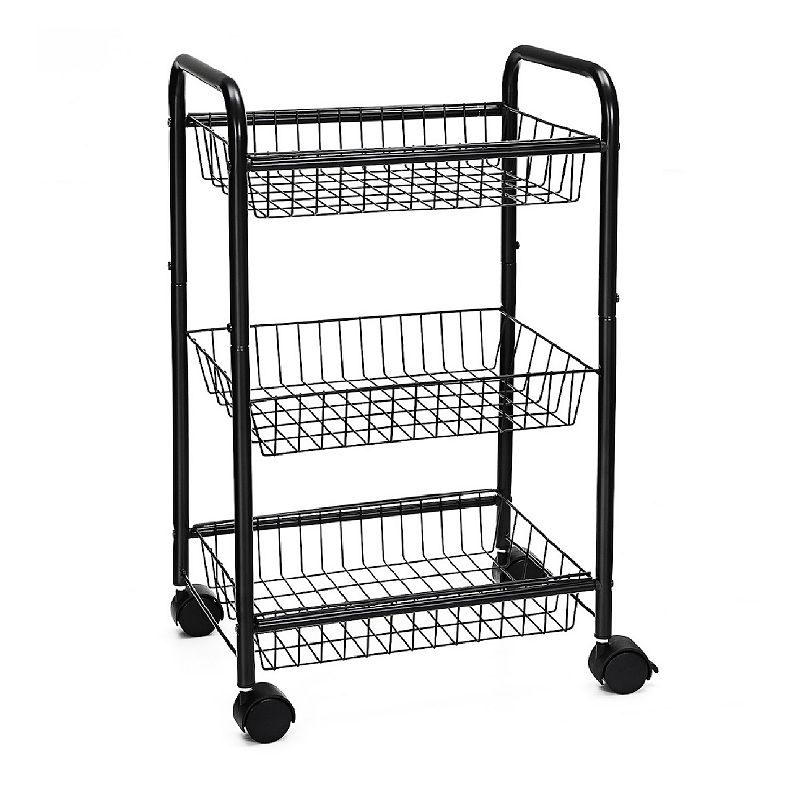 3-tier Metal Rolling Cart on Wheels with Baskets， Lockable Utility Trolley with Handles