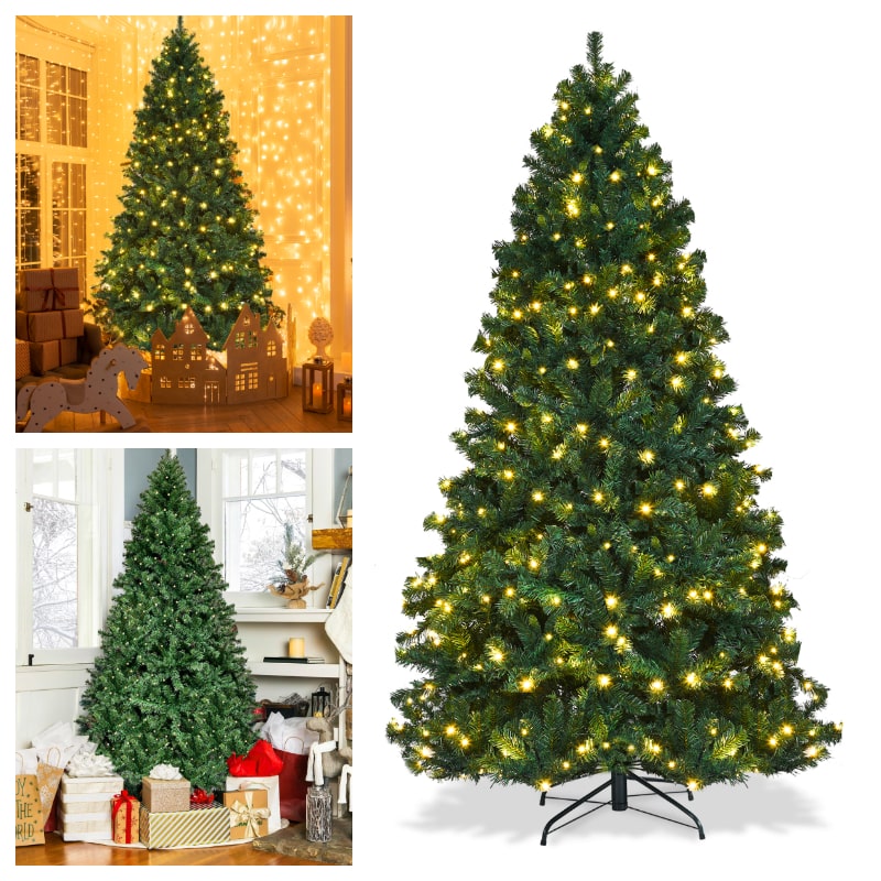 7 FT Green Pre-Lit Artificial Christmas Tree with 300 Warm White LED Lights & 1096 Hinged Branch Tips