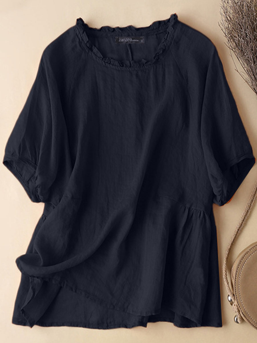 Casual Loose Solid Color Short Sleeve Blouse