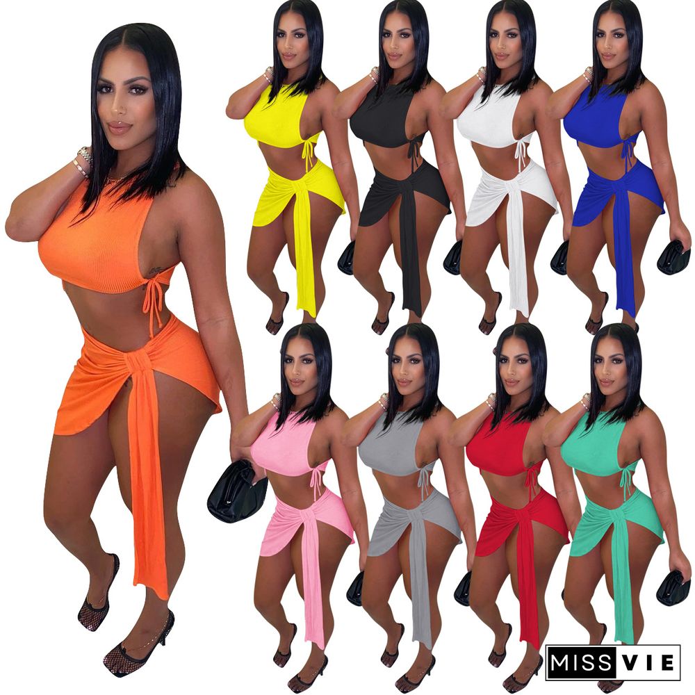 Solid Color Ribbed Lace Up Crop Tank Top Bandage Side Slit Skirts Sexy Club Party 2 Piece Matching Set