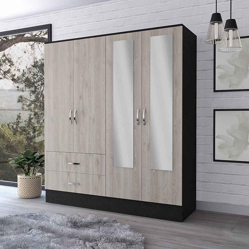 Florencia L Mirrored Armoire， Two Cabinets With Divisions， Two Drawers