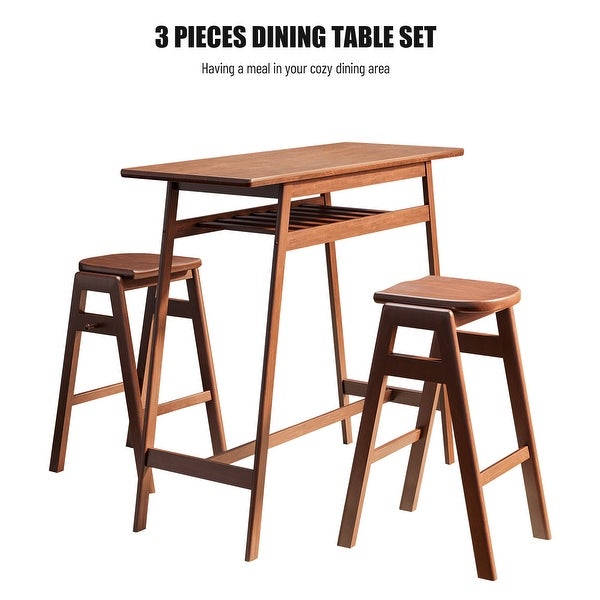 Retro Bar Table Rubber Wood Stackable Backless High Stool for 2 with Shelf and Hooks for Home Bar Space， 3 PCS Pub Dining Set