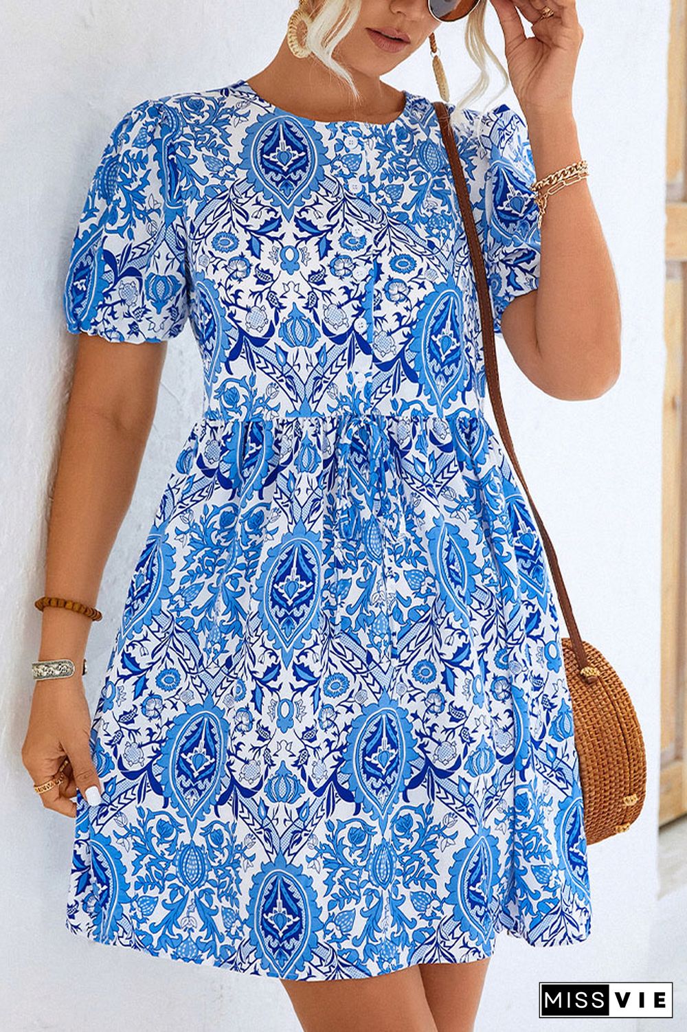 Bubble Sleeves Paisley Print High Waist Dress