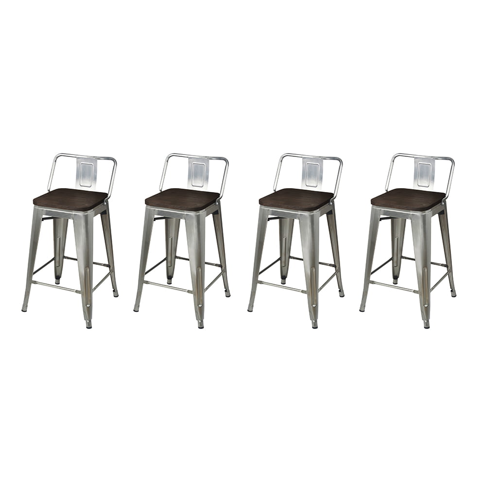 GIA Design Group 24 Inch Counter Height Low Back Metal Stools with Dark Wood Seat， Gunmetal， Set of 4