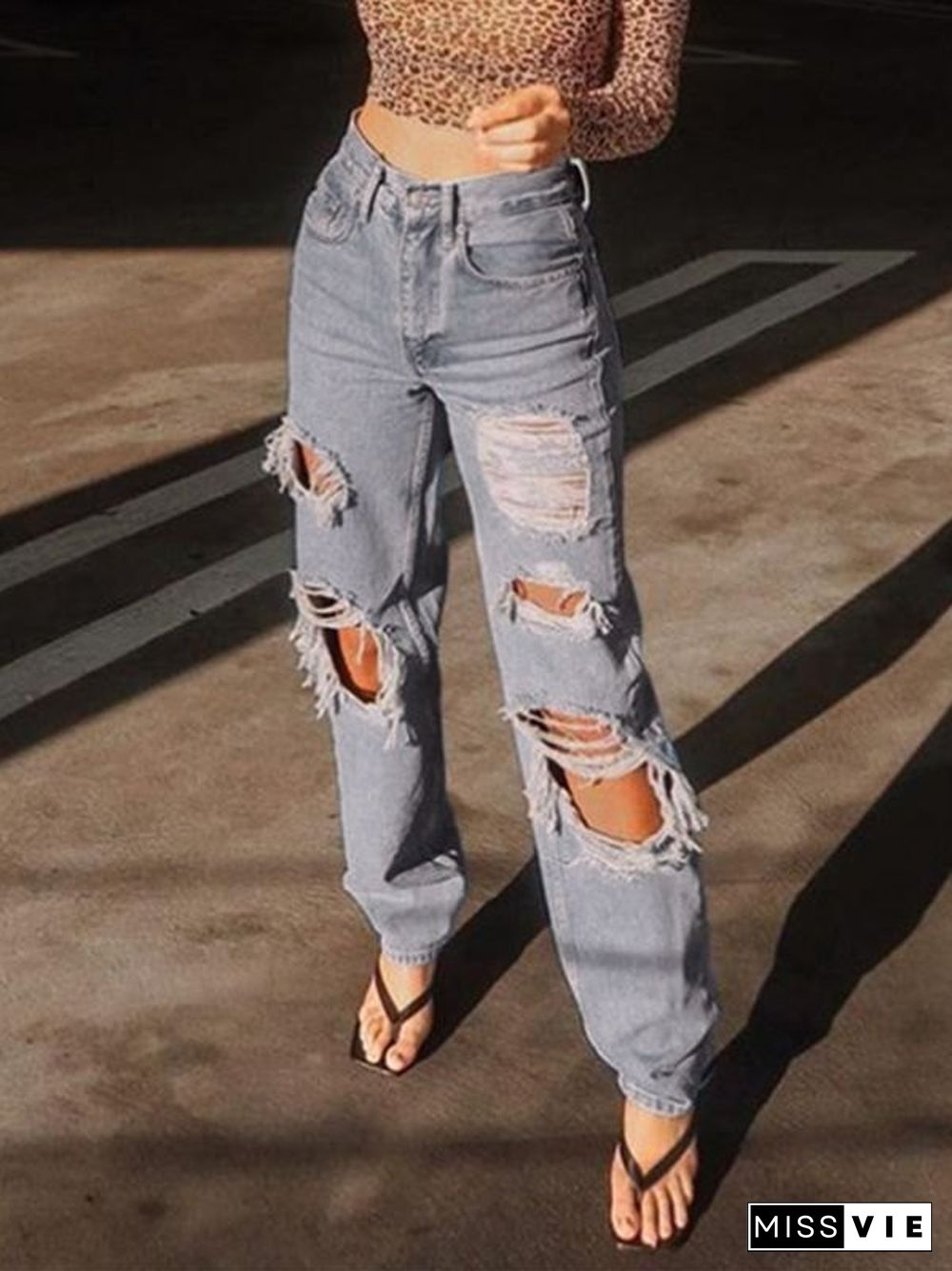 Frayed Holes Distressed Ripped Jeans