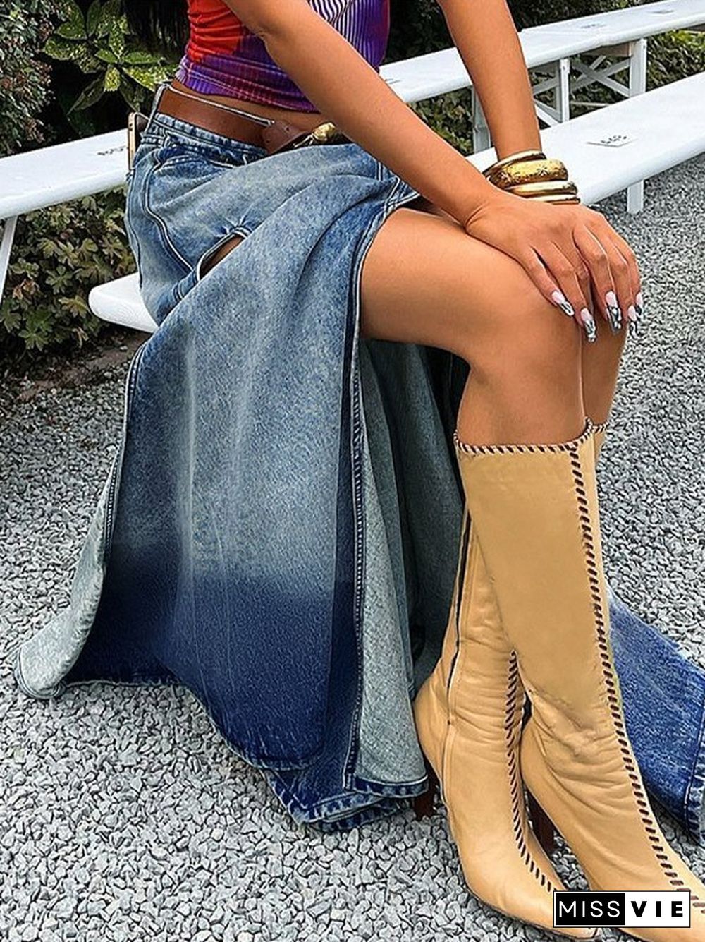 High Slit Denim Maxi Skirt