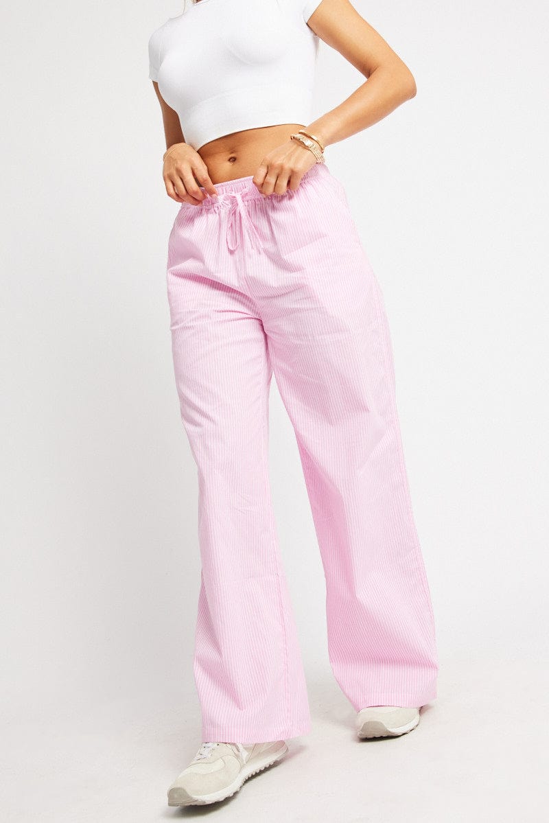 Pink Stripe Wide Leg Pants High Rise