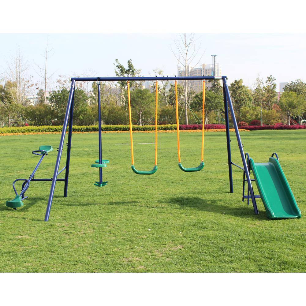 Metal Outdoor Swing Set with 2 Swing Seats 1 Glider 1 Slide and 1 Teeter-Totter LN20232363