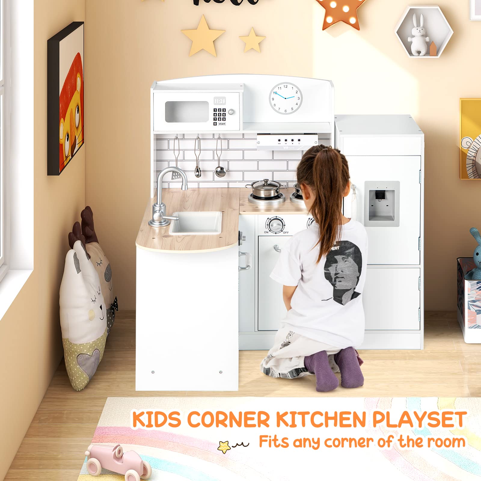 Costzon Kids Corner Kitchen Playset, 8-in-1 Wooden Play Kitchen Toy Set