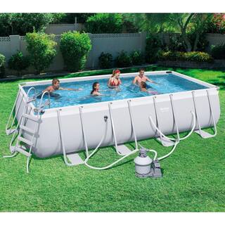 Bestway 18 ft. x 9 ft. Rectangular 48 in. D Hard Side Frame Above Ground Pool Set and Surface Skimmer 56468E-BW + 58233E-BW