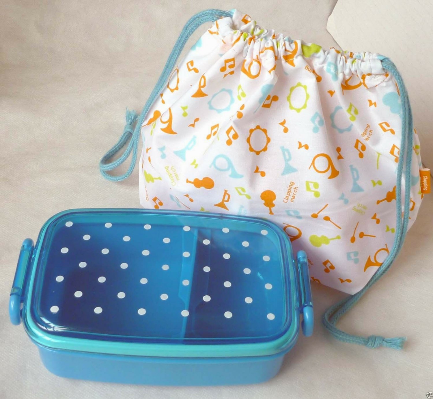 Japan Bento Lunch Box Case Cutlery Bag SET lunchbox kitchen ladies Polka dot BLU