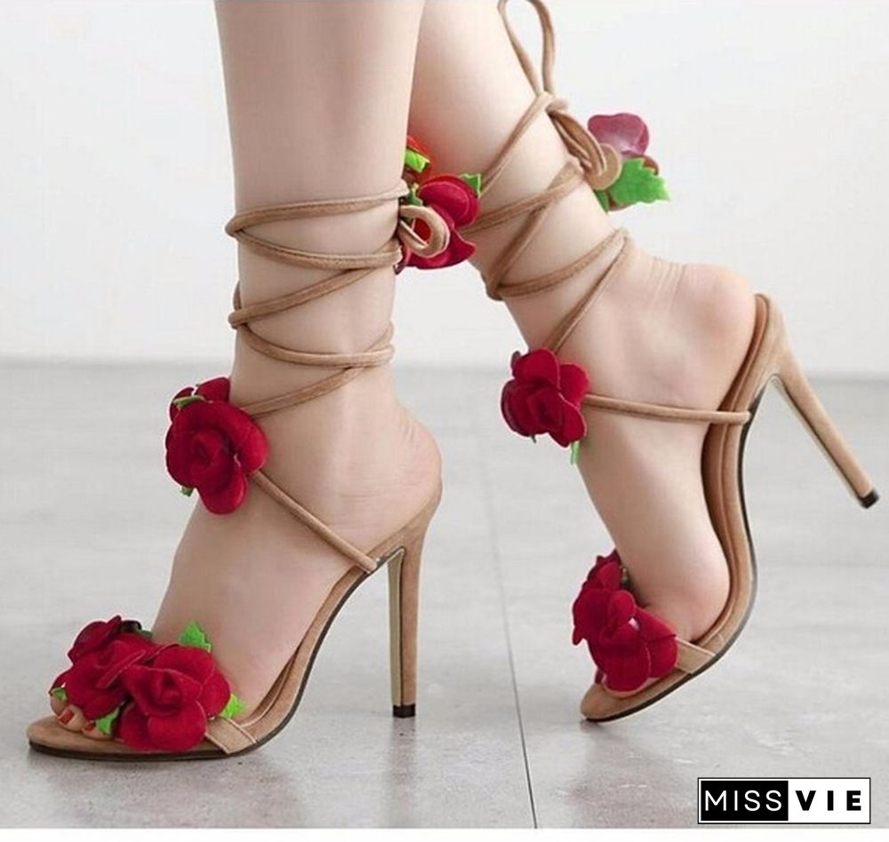 Fan Ming Star T-Taiwan Show Roses Cross Lacing Women Sandals High Heels Lady Casual Lace-Up Dress Party Shoes Wedding Shoes