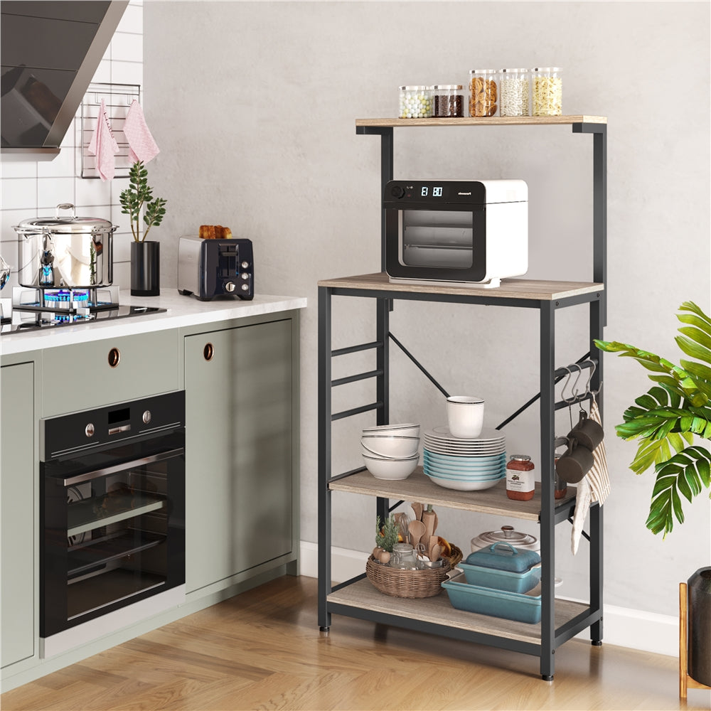 Topeakmart 4-Tier Kitchen Baker's Rack Utility Storage Shelf Microwave Stand Cart on Wheels with Side Hooks， Gray