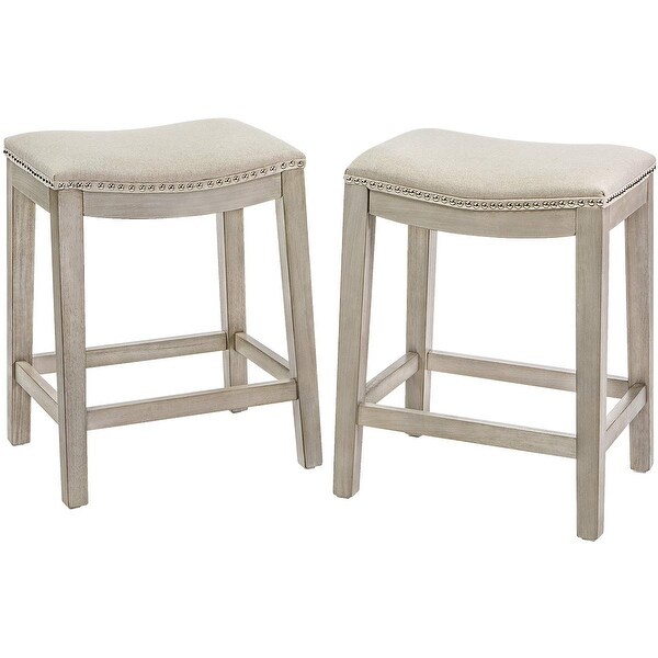 Set of 2 Bar Stools Beige 24 Saddle Backless Premium Padded Indoor/Outdoor Nailhead Cushion