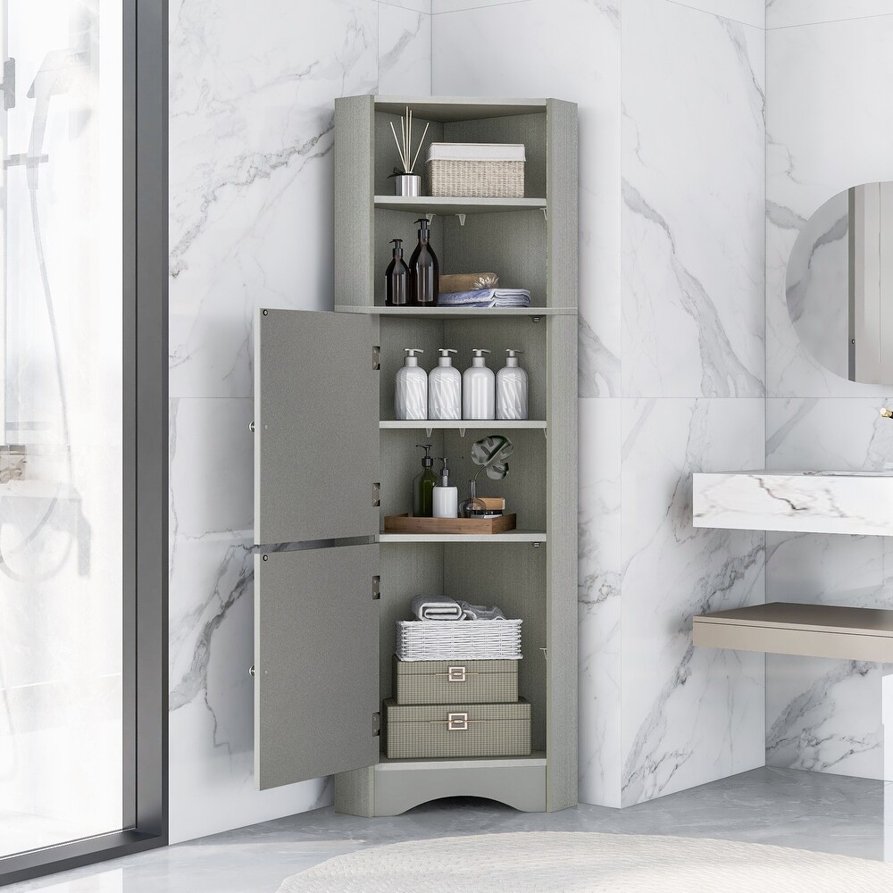 Tall Bathroom Corner Storage Cabinet with Doors and Adjustable Shelves