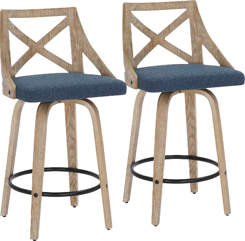 Charlotte Blue and White-Washed Wood Counter Stool， Set of 2