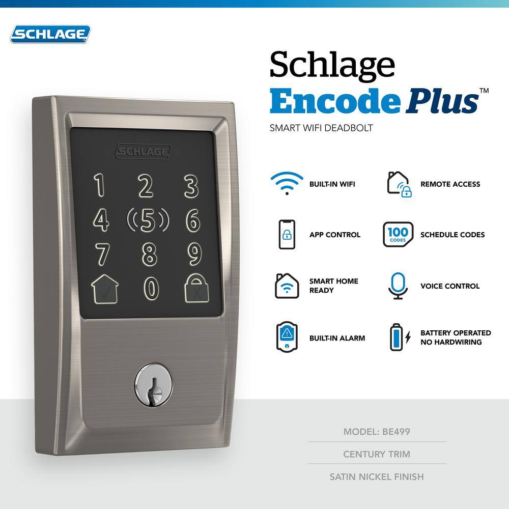 Schlage Century Satin Nickel Electronic Encode Plus Smart WiFi Deadbolt with Alarm BE499WB V CEN 619